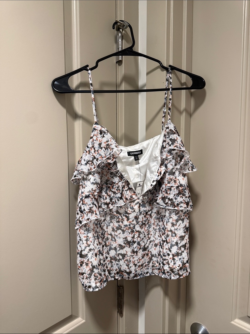 Express White Floral Ruffle Camisole with Pink and Black Accents